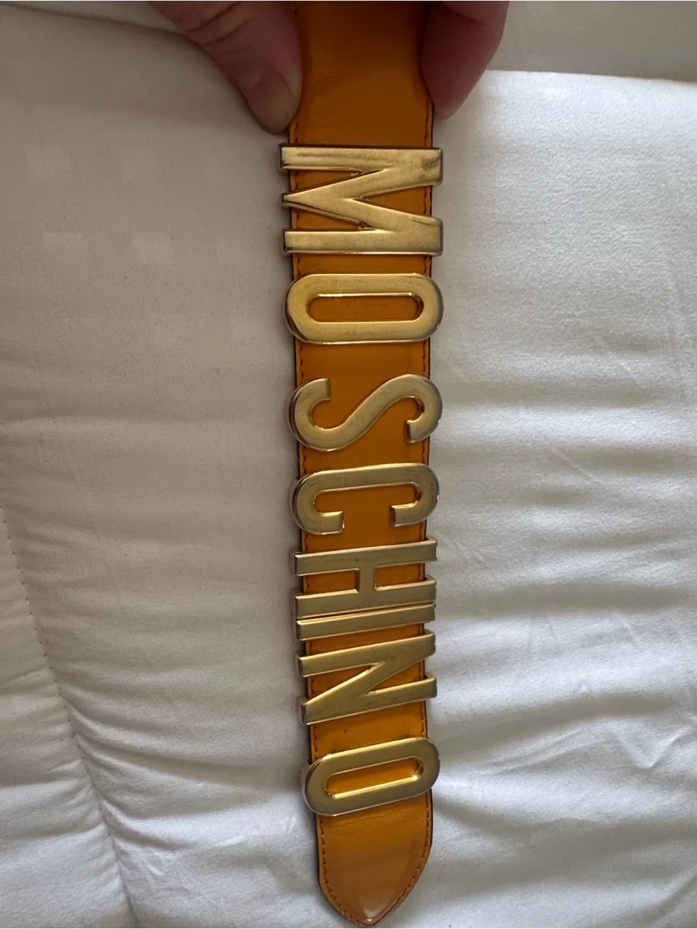 Authentic Moschino Yellow Leather Belt with gold  Logo Letters
